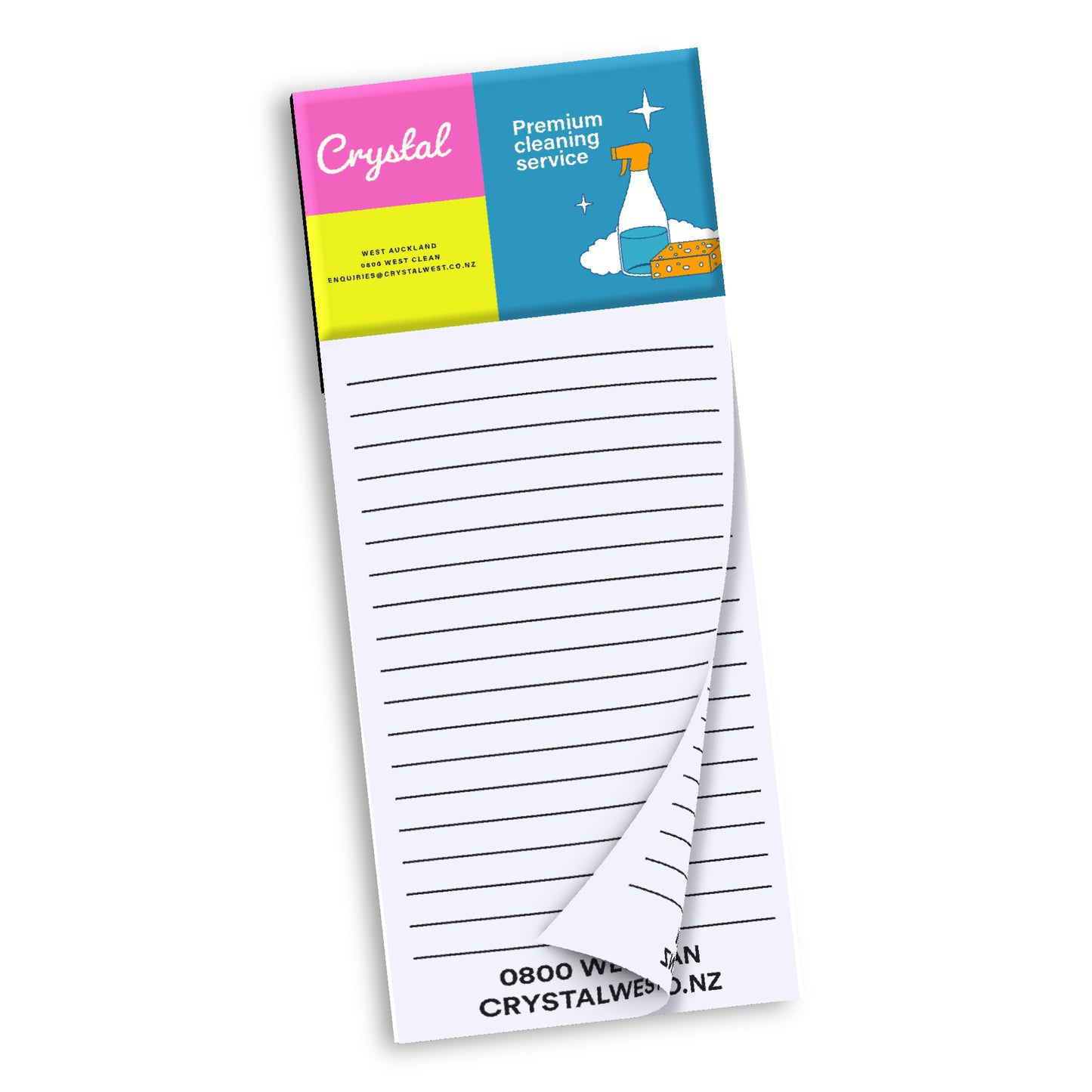 Magnetic Shopping List Pad featuring a colorful design for a premium cleaning service with lined pages.