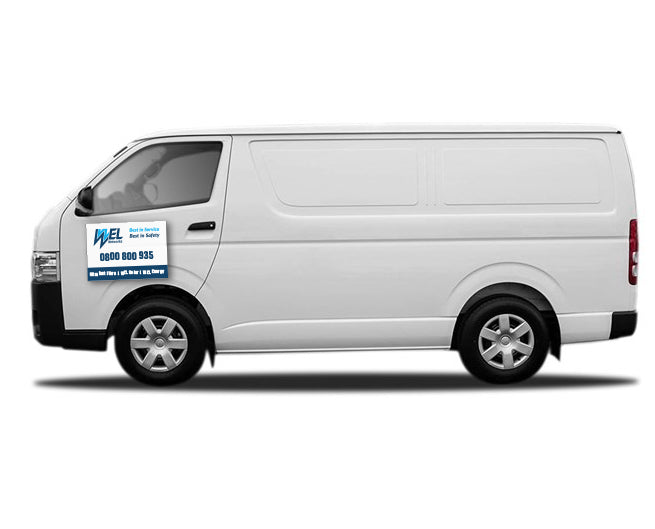A3 Car Magnet custom printed design on a white van, showcasing advertising details.